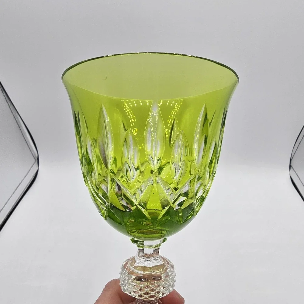 Vtg Crystal Wine Goblet Glass Green Cut‎ Glass Unknown Maker